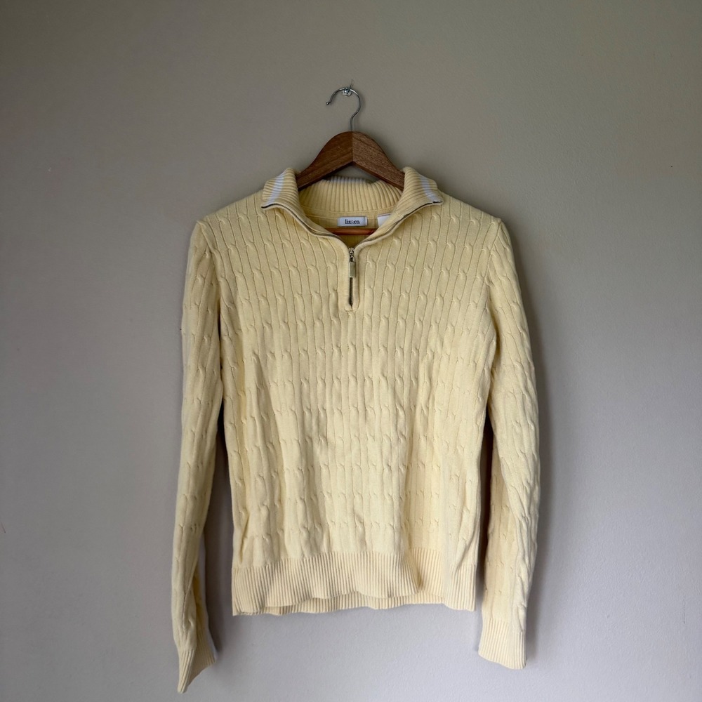Vintage Liz & Co Yellow Cable-Knit Half-Zip Sweater Size Medium